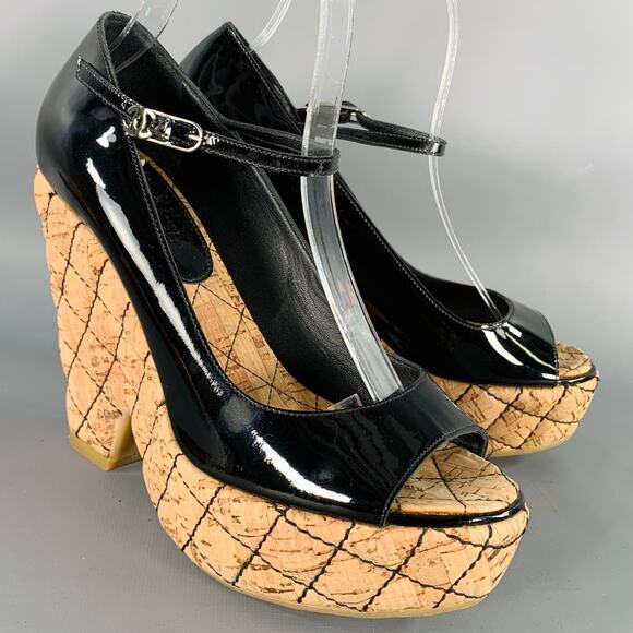 CHANEL 6.5 Black Natural Patent Leather Quilted Cork Peep Toe Platform Pumps - Picture 1 of 10